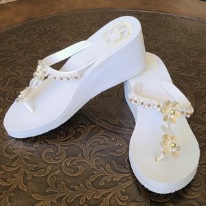BCBG White Wedge Sandal
